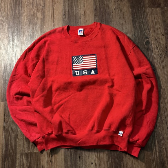 Vintage Russell Athletic USA Flag Sweatshirt Mens XL Red Patriotic - Picture 1 of 7
